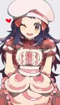  apron arms_behind_back blue_hair blush dawn_(palentine&#039;s_2021)_(pokemon) dawn_(pokemon) dress food food-themed_hair_ornament frilled_apron frills fruit grey_background hair_ornament hairclip hat heart highres kawasaki_(kwsk_8765) long_hair looking_at_viewer official_alternate_costume one_eye_closed open_mouth pokemon pokemon_masters_ex purple_eyes red_dress short_sleeves sidelocks strawberry strawberry_hair_ornament twitter_username white_headwear 