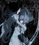  1girl arm_up black_background blue_dress blue_hair braid breasts cleavage dress frilled_dress frilled_sleeves frills grey_background grey_eyes hair_horns highres holding holding_scythe korean_commentary long_hair long_sleeves looking_at_viewer original pale_skin ponytail sasi_mozzi1 scythe solo standing twin_braids upper_body very_long_hair wide_sleeves 