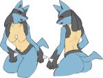 2022 anthro better_version_at_source biped black_body blue_body blue_fur blush breasts butt canid canine chest_spike fangs featureless_breasts female fur generation_4_pokemon hi_res looking_at_viewer looking_back looking_back_at_viewer lucario mammal medium_breasts midriff narrowed_eyes neck_tuft nintendo open_mouth open_smile pokemon pokemon_(species) red_eyes simple_background sketch smile solo spikes spikes_(anatomy) tail tan_body tan_fur teeth thick_thighs tuft white_background yawar