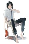  1boy absurdres barefoot black_hair black_pants blue_necktie blush chair clear_file_(object) collared_shirt fate/zero fate_(series) full_body glint grey_eyes hair_between_eyes highres holding hot male_focus necktie pants parted_lips shirt short_hair simple_background sitting solo striped_necktie sweatdrop tokoni_fusu undone_necktie waver_velvet white_shirt 