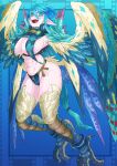  1girl abs absurdres armor bird_legs bird_tail blue_hair breasts colored_sclera commentary fangs feathered_wings greaves green_eyes green_sclera highres hkdd99 large_breasts looking_at_viewer midriff multicolored_hair multicolored_wings navel open_mouth original pointy_ears solo tail talons two-tone_hair winged_arms wings 