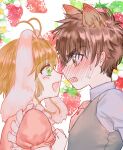  1boy 1girl animal_ears antenna_hair blush brown_eyes brown_hair cardcaptor_sakura collared_shirt dress eye_contact face-to-face food fruit green_eyes highres kinomoto_sakura li_syaoran looking_at_another lop_rabbit_ears open_mouth pink_dress qige rabbit_ears shirt short_hair smile strawberry sweatdrop upper_body vest wolf_ears 