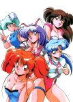  1990s_(style) 5girls animal_ears bare_shoulders blue_eyes blue_hair bracelet breasts brown_eyes brown_hair bun_cover closed_mouth covered_nipples cyber_block_metal_orange fake_animal_ears green_eyes hair_bun high_ponytail highres jewelry large_breasts leotard long_hair multiple_girls non-web_source official_art open_mouth puffy_short_sleeves puffy_sleeves purple_eyes purple_hair rabbit_ears red_eyes red_hair retro_artstyle school_uniform short_hair short_sleeves smile strapless thigh_strap tomo_(cyber_block_metal_orange) twintails 