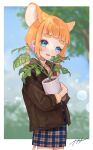  1girl absurdres animal_ears blue_eyes blunt_bangs blurry blurry_background blush highres holding indie_virtual_youtuber jacket long_sleeves looking_at_viewer low_ponytail mouse_ears mouse_girl mouse_tail naname_(7name) open_mouth orange_hair original plaid plaid_skirt plant potted_plant skirt solo tail thick_eyebrows turtleneck virtual_youtuber 