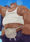 2024 anthro araiguma_11 armpit_hair asian_clothing bear belly big_belly blush bodily_fluids body_hair bottomwear clothing east_asian_clothing fundoshi japanese_clothing juuichi_mikazuki kemono male mammal morenatsu musclegut musk overweight overweight_male pants shirt simple_background solo sweat topwear underwear white_clothing white_fundoshi white_underwear