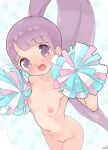  1girl archived_source blunt_bangs blush breasts cheerleader collarbone completely_nude cowboy_shot high_ponytail highres hyakumangoku_masurao looking_at_viewer manaka_non navel nipples nose_blush nude open_mouth perspective pom_pom_(cheerleading) pretty_series pripara purple_eyes purple_hair small_breasts smile solo stomach 