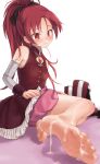  1girl after_ejaculation barefoot black_ribbon blush boots cum cum_on_body cum_on_feet feet foot_focus highres long_hair maa_(maa1) mahou_shoujo_madoka_magica mahou_shoujo_madoka_magica_(anime) ponytail red_eyes red_hair ribbon sakura_kyoko simple_background soles solo toes unworn_boots 