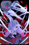  1girl absurdres black_background dinosaur_skeleton flower fossil goma_irasuto hair_over_one_eye highres horns long_hair looking_at_viewer original petals red_eyes school_uniform signature solo spider_lily white_hair white_theme 
