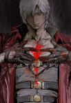  1boy belt black_background black_belt black_gloves blood blood_on_gloves blood_on_hands blue_eyes collarbone commission dante_(devil_may_cry) devil_may_cry_(series) fingerless_gloves gloves grey_hair grey_shirt hair_between_eyes hands_up highres jacket long_sleeves looking_at_viewer male_focus open_clothes open_jacket orr2kln3tjteydj red_jacket shirt short_hair simple_background smile solo standing teeth 