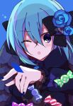  1girl :o alternate_costume black_bow blue_background blue_dress blue_eyes blue_flower blue_hair blue_nails bluestar_iz bow breasts candy claire_elford dress flower food frilled_sleeves frills hair_between_eyes hair_bow large_breasts long_hair looking_at_viewer official_art one_eye_closed open_mouth polka_dot solo witch&#039;s_heart 