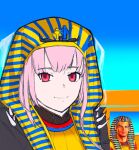  1girl blue_background commentary egyptian_clothes highres hololive hololive_english looking_at_viewer massgrave_art meme mori_calliope multicolored_background nemes parody pharaoh pink_hair red_eyes reference_inset shoulder_spikes simple_background smile solo spikes veil 