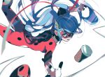  1girl blue_eyes blue_hair bug coffee_cup cup disposable_cup ladybug long_hair marinette_dupain-cheng mask miraculous_ladybug pegabug_(character) red_mask red_shirt seio_(nao_miragggcc45) shirt smile solo superhero_costume white_background yo-yo 