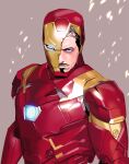  1boy arc_reactor armor black_hair blue_eyes closed_mouth commentary_request facial_hair full_armor grey_background iron_man iron_man_(series) korean_commentary looking_at_viewer male_focus marvel multicolored_armor power_armor red_armor redcokk short_hair simple_background solo standing superhero_costume tony_stark v-shaped_eyebrows yellow_armor 