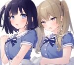  2girls adjusting_bow apron back_bow black_hair blue_bow blue_bowtie blue_eyes blue_shirt blue_sleeves blush bow bowtie brown_hair buttons check_copyright collared_shirt commentary copyright_request earrings fang frilled_sailor_collar frills hair_ornament hair_over_shoulder hair_scrunchie hand_up highres jewelry long_hair medium_hair multiple_girls one_side_up open_mouth original sailor_collar school_uniform scrunchie shirt short_sleeves simple_background smile striped_bow striped_bowtie striped_clothes stud_earrings suzumori_uina symbol-only_commentary twintails upper_body waist_apron white_apron white_background white_bow white_sailor_collar white_scrunchie yellow_eyes 