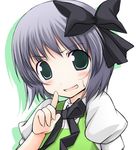  blush finger_to_mouth green_eyes hair_ribbon konpaku_youmu kusano_(torisukerabasu) ribbon silver_hair solo touhou 