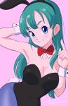  1girl absurdres animal_ears black_hairband black_leotard blue_eyes blue_pantyhose bow bowtie breasts bulma cleavage collarbone covered_navel dated detached_collar dragon_ball dragon_ball_(classic) fake_animal_ears green_hair grin hairband highres leotard long_hair looking_at_viewer medium_breasts nail_polish pantyhose pink_background pink_nails playboy_bunny rabbit_ears rabbit_tail red_bow red_bowtie smile solo strapless strapless_leotard tail tsunemoku wrist_cuffs 