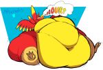 3_toes anthro atsuineko avian banjo-kazooie beak belly big_belly big_breasts bird breasts burping feathers featureless_breasts feet female hi_res huge_belly huge_breasts hyper hyper_belly hyper_breasts kazooie multicolored_body navel onomatopoeia overweight overweight_anthro overweight_female rareware signature sitting solo sound_effects speech_bubble text thick_thighs toes wide_hips wings