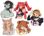  5girls absurdres animal_ears aqua_eyes black_eyes black_hair black_shrug blonde_hair blue_eyes blunt_bangs bra breasts budget_sarashi character_request cleavage_cutout clenched_hand clenched_teeth clothing_cutout colored_skin fox_ears green_skin hairband hand_on_own_face highres large_breasts lyra_(kaatokun) monster_girl multiple_girls necktie neon_genesis_evangelion one_eye_closed open_mouth orange_hair original porqueloin purple_bra purple_necktie rebuild_of_evangelion red_hair red_pupils sarashi simple_background souryuu_asuka_langley straight_hair teeth tusks twintails underwear watch white_background wristwatch 