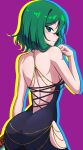  1girl alternate_costume ass back black_dress bmkro closed_mouth commentary dress green_eyes green_hair highres looking_at_viewer purple_background rod_of_remorse shiki_eiki short_hair simple_background solo touhou 