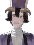  1boy animal_ears black_hair blush clerical_collar demon_boy demon_cleric embarrassed goat_ears goat_horns hair_between_eyes highres horns looking_down male_focus maou-jou_de_oyasumi open_mouth panicking portrait suechimu teeth upper_teeth_only 