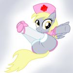  blonde_hair clothing cutie_mark derpy_hooves_(mlp) equine female food friendship_is_magic grey_body hair hasbro hat lying mammal muffin my_little_pony nurse nurse_uniform on_back pegasus plain_background pose pyruvate shoes socks solo warm_colors white_background wings yellow_eyes 