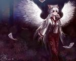  2012 alternate_costume alternate_wings amber_(kelailiya) angel_wings bad_id bad_pixiv_id bow dark feathered_wings feathers forest fujiwara_no_mokou hair_bow japanese_clothes nature night ofuda signature solo touhou wings 