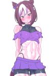  1girl abs animal_ears ass_visible_through_thighs bare_shoulders bike_shorts blush bow braid breasts brown_hair commentary_request cowboy_shot ear_bow french_braid highres horse_ears horse_girl horse_tail midriff miniskirt multicolored_hair navel purple_bow purple_eyes simple_background skirt small_breasts solo special_week_(umamusume) streaked_hair tail umamusume white_background yaki_apple 