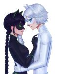  1boy 1girl adrien_agreste animal_ears bell black_bodysuit black_hair black_mask blue_eyes bodysuit braid cat_boy cat_ears cat_girl chat_blanc closed_mouth gongonsrr green_eyes highres jingle_bell lady_noir light_smile long_hair looking_at_another looking_at_viewer marinette_dupain-cheng mask miraculous_ladybug simple_background single_braid superhero_costume white_background white_bodysuit white_hair white_mask 