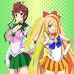  2girls bishoujo_senshi_sailor_moon commentary_request cosplay multiple_girls nikaidou_saki pirochi sailor_jupiter sailor_jupiter_(cosplay) sailor_venus sailor_venus_(cosplay) yuugiri_(zombie_land_saga) zombie_land_saga 