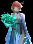  1girl absurdres belt bolcham bouquet breasts cane chinese_hairpin cleavage druvis_iii gradient_skin green_eyes hair_ornament hairpin highres holding holding_bouquet legs orange_hair reverse:1999 robe short_hair 