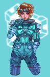 1girl apex_legends black_gloves blue_background blue_eyes cowboy_shot gloves goggles goggles_on_head horizon_(apex_legends) light_smile looking_to_the_side mikepo orange_hair short_hair solo spacesuit 