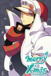  1boy belt black_hair black_shirt closed_mouth coat green_eyes grey_background hat jojo_no_kimyou_na_bouken kotorai kujo_jotaro looking_to_the_side male_focus merry_christmas red_hat red_scarf santa_hat scarf shirt signature solo striped_clothes striped_scarf white_coat white_hat winter_clothes 