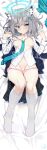  1girl absurdres animal_ear_fluff animal_ears bed_sheet black_jacket black_skirt blazer blue_archive blue_eyes blue_halo blue_necktie blush breasts censored cross_hair_ornament dakimakura_(medium) extra_ears full_body grey_hair hair_ornament halo heart heart_censor highres jacket long_sleeves looking_at_viewer medium_hair mismatched_pupils necktie panties panty_pull parted_lips pink_panties pleated_skirt pu_ht pussy sample_watermark shiroko_(blue_archive) shirt signature skirt small_breasts socks solo underwear unworn_jacket unworn_skirt watermark white_shirt white_socks wolf_ears 