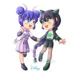  animal_ears beebeebombam black_footwear black_hair black_pants blazer blue_eyes blue_hair braid cat_ears cat_girl chibi double_bun dress green_eyes grey_dress hair_bun highres holding_hands jacket lady_noir long_hair marinette_dupain-cheng miraculous_ladybug multimouse_(character) open_clothes open_jacket open_mouth pants shirt simple_background single_braid slit_pupils smile white_background white_shirt 