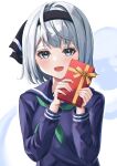  1girl :d absurdres alternate_costume black_hairband blue_eyes blue_sailor_collar blue_serafuku blue_shirt blush box gift gift_box green_neckerchief grey_hair hair_intakes hairband highres holding holding_box konpaku_youmu konpaku_youmu_(ghost) long_sleeves looking_at_viewer medium_hair neckerchief ramiki ribbon sailor_collar sailor_shirt school_uniform serafuku shirt smile solo touhou upper_body valentine white_background yellow_ribbon 