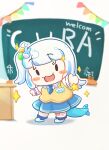  1girl :d absurdres blue_hair blue_necktie blue_skirt blunt_bangs blush_stickers chalkboard chibi chibi_only commentary_request fins fish_tail gawr_gura gawr_gura_(school_uniform) grey_hair hair_ornament hairclip highres hololive hololive_english hosizora long_hair miniskirt multicolored_hair necktie official_alternate_costume official_alternate_hairstyle one_side_up open_mouth pleated_skirt rabbit_hair_ornament school_uniform shark_tail shirt shoes short_necktie short_sleeves skirt smile solid_oval_eyes solo streaked_hair sweater_vest tail uniform uwabaki vest virtual_youtuber white_shirt yellow_vest 
