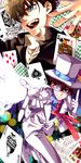  blue_eyes brown_hair card dual_persona falling_card hat highres joker kaitou_kid kuroba_kaito magic_kaito male_focus meitantei_conan monocle multiple_boys necktie playing_card school_uniform top_hat wokome 