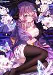  1girl black_thighhighs blue_eyes braid breasts bug butterfly cherry_blossoms chest_sarashi cleavage collarbone egasumi granblue_fantasy hair_ornament hair_over_one_eye hair_spread_out highres holding holding_umbrella horns jacket long_hair looking_at_viewer narmaya_(granblue_fantasy) narmaya_(visions_of_butterflies)_(granblue_fantasy) no_shoes official_alternate_costume oil-paper_umbrella open_clothes open_jacket pink_hair pointy_ears purple_jacket sarashi signature sitting skirt solo thighhighs twitter_username umbrella white_skirt yoake 