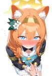  1girl ai-generated animal_ear_fluff animal_ears blue_archive blue_eyes blush breasts closed_mouth flower hair_between_eyes hair_flower hair_ornament hairband halo highres holding_hands long_hair long_sleeves looking_at_viewer mari_(blue_archive) myuto12345 nun orange_hair simple_background solo white_background white_flower yellow_halo 