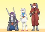  1boy 2girls black_jacket cosplay determined expressionless fern_(sousou_no_frieren) frieren green_eyes grey_shirt guncannon guncannon_(cosplay) gundam guntank guntank_(cosplay) highres jacket mobile_suit_gundam multiple_girls pants pointy_ears purple_eyes purple_hair red_hair red_jacket red_pants rx-78-2 rx-78-2_(cosplay) shirt skirt sousou_no_frieren stark_(sousou_no_frieren) ueyama_michirou white_hair white_jacket white_skirt 