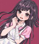  1girl apron bandaged_arm bandages black_hair blush brown_eyes danganronpa_(series) danganronpa_2:_goodbye_despair hands_up highres long_hair mole mole_under_eye mugi_cha_(mg_sbci) pink_shirt puffy_short_sleeves puffy_sleeves red_background shirt short_sleeves simple_background solo teeth tsumiki_mikan upper_teeth_only white_apron 