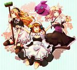  alternate_costume blonde_hair braid brown_hair cleaning_brush closed_eyes doll dress elize_lutus enmaided gradient_hair green_eyes hairband kurehas leia_rolando maid maid_headdress milla_maxwell multicolored_hair multiple_girls pantyhose red_eyes tales_of_(series) tales_of_xillia teepo_(tales) 