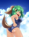  animal_ears ass from_behind green_eyes green_hair highres kasodani_kyouko kusaba_(kusabashiki) looking_back one-piece_swimsuit open_mouth school_swimsuit short_hair skindentation solo swimsuit tail tan tanline touhou 