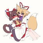  2girls absurdres animal_ear_fluff animal_ears ascot blonde_hair blush bow brown_hair cat_ears cat_tail commentary_request detached_sleeves food_in_mouth fox_ears fox_tail frilled_bow frilled_hair_tubes frills hair_bow hair_tubes hakurei_reimu hat hat_ribbon heart heart_tail highres korean_commentary long_hair long_sleeves mob_cap multiple_girls purple_eyes purple_tabard red_bow red_eyes red_skirt ribbon ribbon-trimmed_sleeves ribbon_trim sitting sitting_on_lap sitting_on_person skirt skirt_set tabard tail tohou89 touhou yakumo_yukari yellow_ascot yin_yang yuri 