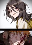  1boy 1girl absurdres backpack bag black_hair bleach blood blood_on_clothes blood_on_face brown_eyes clenched_teeth close-up comic_panel_redraw derivative_work distress gradient_background hair_between_eyes highres kuchiki_rukia kurosaki_ichigo looking_at_viewer orange_hair parted_lips purple_eyes sad shihakusho sweat teeth xi_luo_an_ya 