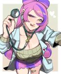  absurdres bandaid bandaid_on_leg breasts cleavage coat double_bun earrings from_above green_eyes green_sweater hair_bun hand_up highres holding holding_stethoscope jewelry lab_coat large_breasts long_hair looking_at_viewer miriam_(pokemon) multicolored_hair open_clothes open_coat pink_hair pink_skirt pokemon pokemon_sv porqueloin pov purple_hair purple_skirt skirt stethoscope sweater tongue tongue_out two-tone_hair two-tone_skirt white_coat 