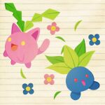  animal_focus blue_flower commentary cryptidhermit english_commentary flower full_body grass highres hoppip lined_paper looking_ahead no_humans oddish open_mouth pink_flower pokemon pokemon_(creature) red_eyes yellow_eyes 