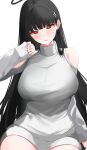  1girl absurdres bare_shoulders black_hair blue_archive breasts hair_ornament hairclip highres kunizaki large_breasts long_hair looking_at_viewer red_eyes rio_(blue_archive) sweater turtleneck turtleneck_sweater 