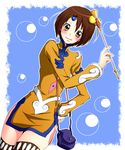  bad_id bad_pixiv_id bag blue_background blush brown_eyes brown_hair bubble hand_on_hip handbag highres norma_beatty sen_(novice) short_hair skirt smile solo tales_of_(series) tales_of_legendia thighhighs very_short_hair wand yellow_skirt zettai_ryouiki 