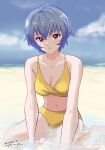 1girl 2023 absurdres ayanami_rei bare_arms bare_legs barefoot beach bikini blue_hair bob_cut breasts cleavage collarbone day hair_between_eyes highres looking_at_viewer medium_breasts navel neon_genesis_evangelion open_mouth outdoors red_eyes short_hair sitting solo straight_hair swimsuit tsunemoku wariza yellow_bikini 